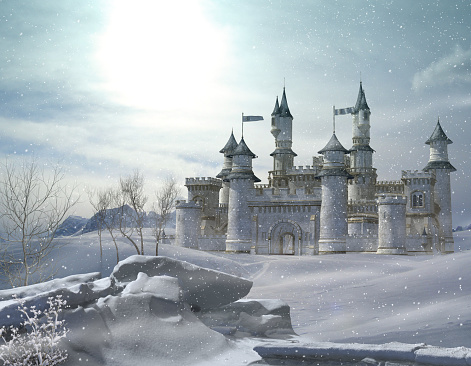 3D rendering of an enchanted fairy tale princess castle in winter.