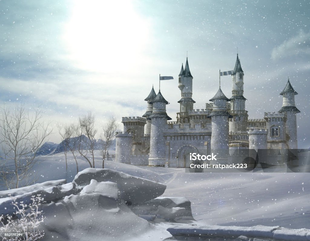 Enchanted Winter Fairytale Princess Castle 3D rendering of an enchanted fairy tale princess castle in winter. Castle Stock Photo