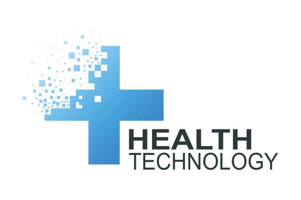Health technology template Health technology template. Medicine blue cross pixel abstract design digital health logo stock illustrations