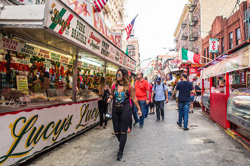 New York City, New York, USA - September 21, 2017:  Feast of San Gennaro street scene with people visible.  This annual Italian festival is held in Manhattan’s Little Italy annually every September.