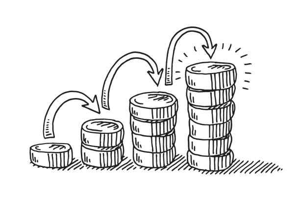 Steps To Financial Success Coins Drawing Hand-drawn vector drawing of some stacks of coins with arrows, Steps To Financial Success Concept. Black-and-White sketch on a transparent background (.eps-file). Included files are EPS (v10) and Hi-Res JPG. change drawings stock illustrations