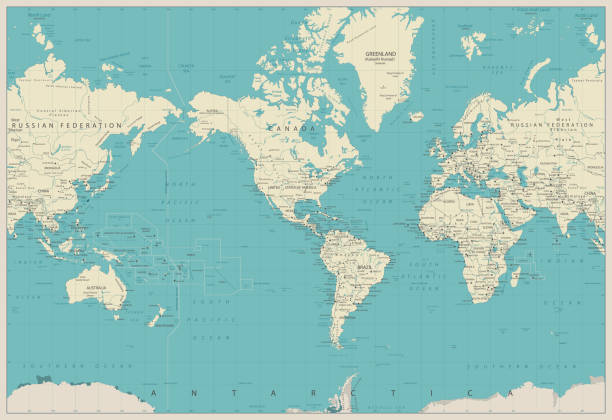 World Map Americas Centered Map. Old colors. World Map Americas Centered Map. Old colors. Vector illustration. in the center stock illustrations