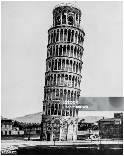 Antique Photograph Of Worlds Famous Sites Leaning Tower Pisa Italy Stock Illustration - Download Image Now