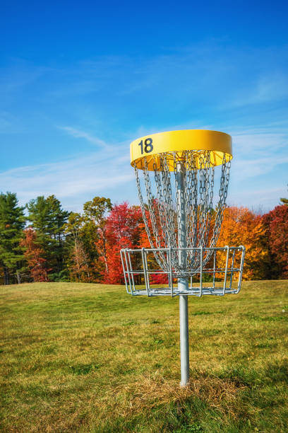 istock Disc golf hole basket in autumn park 852232192