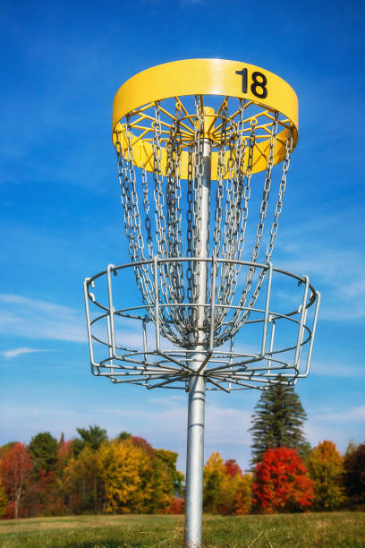 istock Disc golf target against blue sky in autumn 852232284