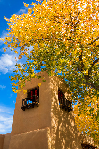 This beautiful autumn day, with bright yellow cottonwood leaves, rich blue sky and warm adobe architecture is the perfect fall photo of Santa Fe New Mexico.