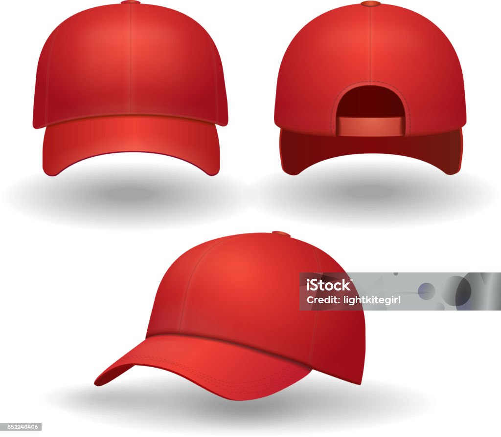 Conjunto de tapa béisbol rojo realista. Nuevo frontal y lateral Vista aislado 3d ilustración vectorial - arte vectorial de Gorra libre de derechos