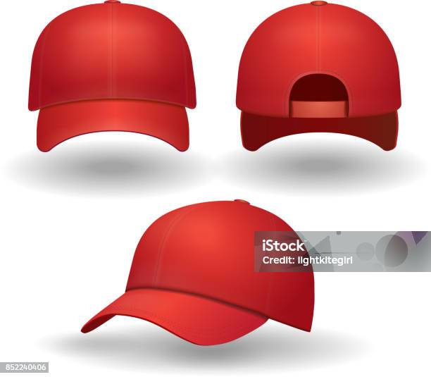 Ilustración de Conjunto De Tapa Béisbol Rojo Realista Nuevo Frontal Y Lateral Vista Aislado 3d Ilustración Vectorial y más Vectores Libres de Derechos de Gorra