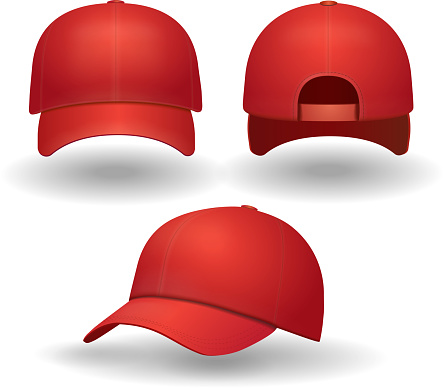 Realistic red baseball cap set. Back front and side view isolated 3d vector illustration.