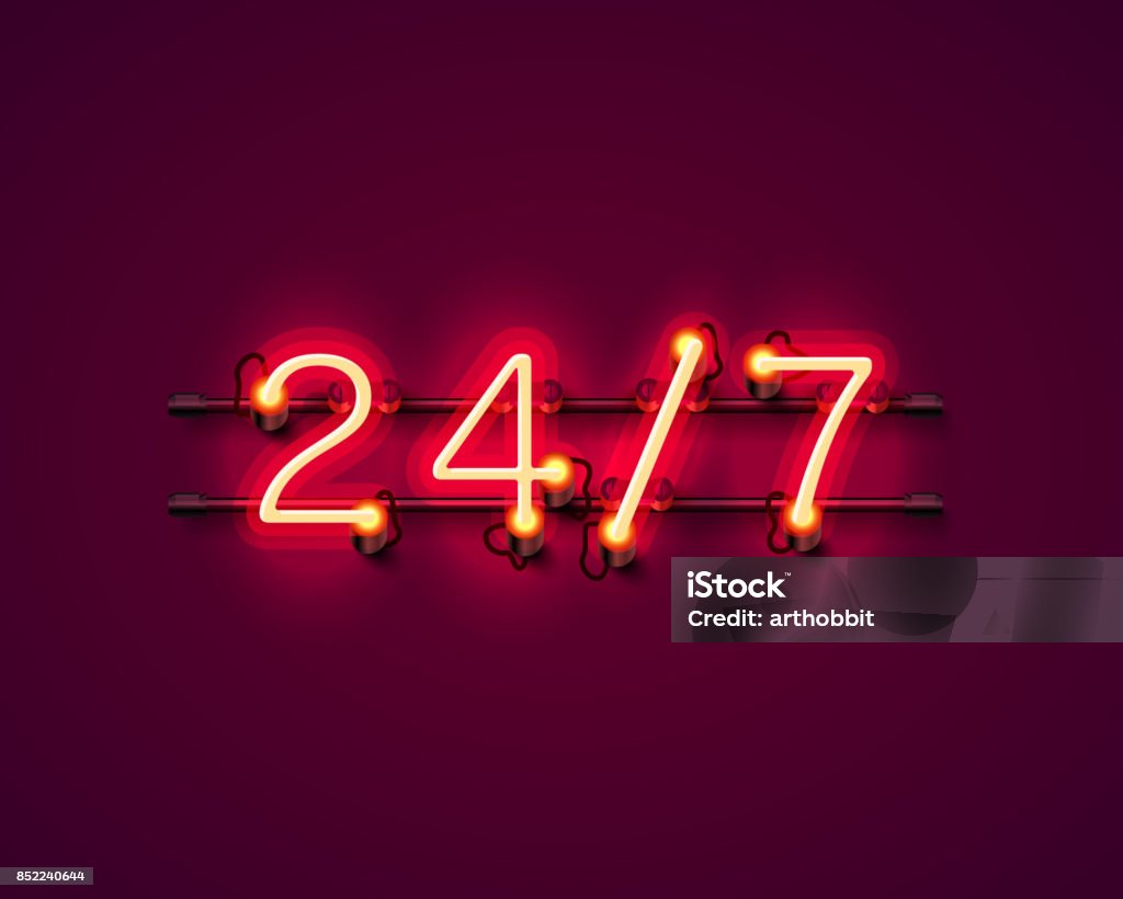 Neon Schild 24 7 offene Zeit. - Lizenzfrei Durchgehend Geöffnet Vektorgrafik