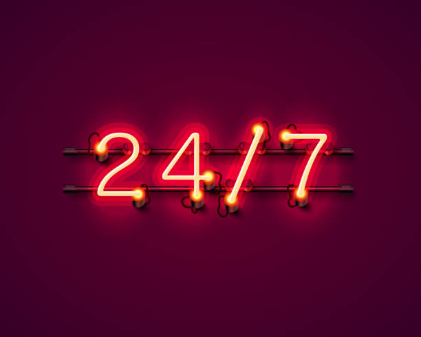 Neon signboard 24 7 open time. Neon signboard 24 7 open time. Vector illustration brick cafe stock illustrations