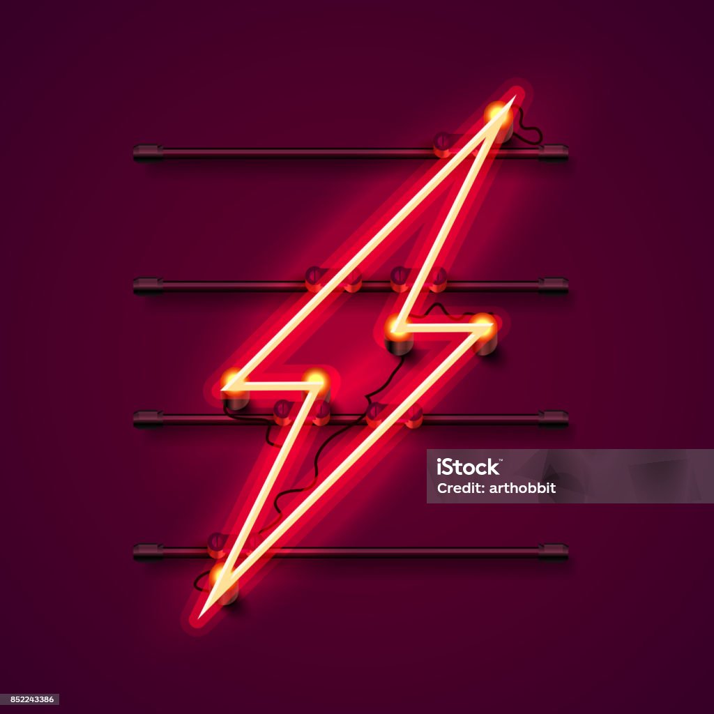 Neon sign of lightning signboard. Neon sign of lightning signboard on the red background. Vector illustration Neon Lighting stock vector