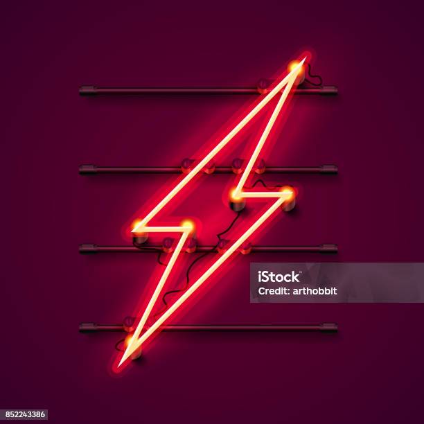 Neon Sign Of Lightning Signboard Stock Illustration - Download Image Now - Neon Lighting, Lightning, Red