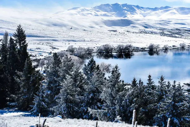 Snow covered mountain lake in New Zealand