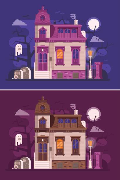 Old Haunted Mansion or Ghost House Scene Abstract old haunted house scene with victorian ghost mansion entrance, cemetery, spooks by scary night. Horror story or scary tale concept vector illustration banner. Dark background in flat design. victorian house stock illustrations