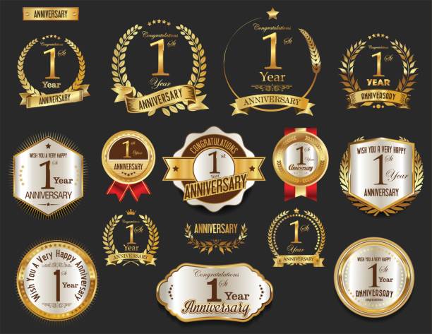 Anniversary golden laurel wreath and badges vector collection Anniversary golden laurel wreath and badges vector collection gold number 1 stock illustrations