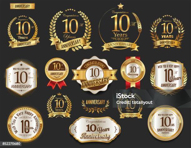 Anniversary Golden Laurel Wreath And Badges Vector Collection Stock Illustration - Download Image Now