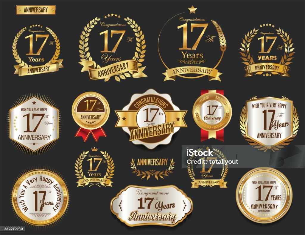 Anniversary golden laurel wreath and badges vector collection 16-17 Years stock vector