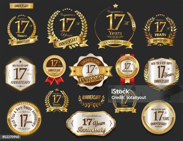 Anniversary Golden Laurel Wreath And Badges Vector Collection Stock Illustration - Download Image Now