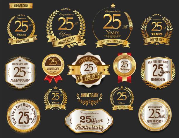 illustrazioni stock, clip art, cartoni animati e icone di tendenza di anniversario corona d'alloro d'oro e badge collezione vettoriale - 25 29 anni