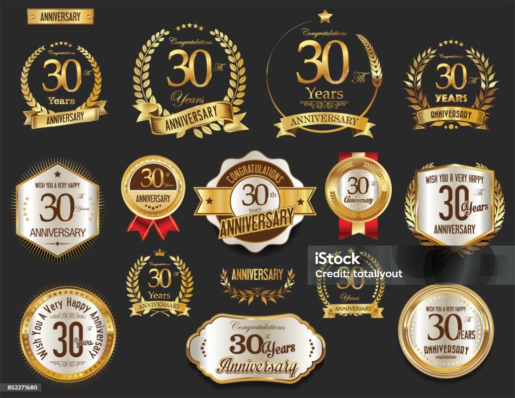 Anniversary golden laurel wreath and badges vector collection 30-34 Years stock vector