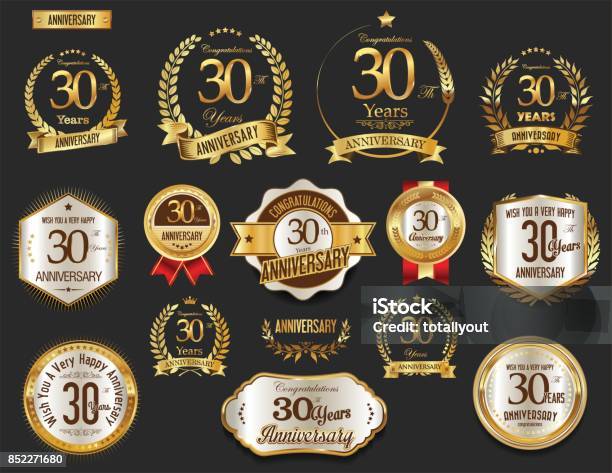 Anniversary Golden Laurel Wreath And Badges Vector Collection Stock Illustration - Download Image Now