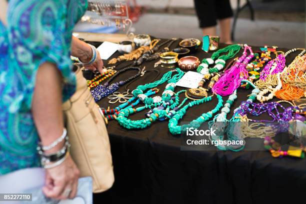 Jewelry On Display At Street Festival Stock Photo - Download Image Now - Craft, Art, Market - Retail Space