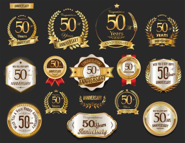 ilustrações de stock, clip art, desenhos animados e ícones de anniversary golden laurel wreath and badges vector collection - 50