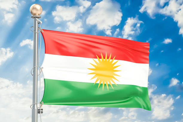 istock Iraqi Kurdistan flag waving in blue cloudy sky, 3D rendering 852275558