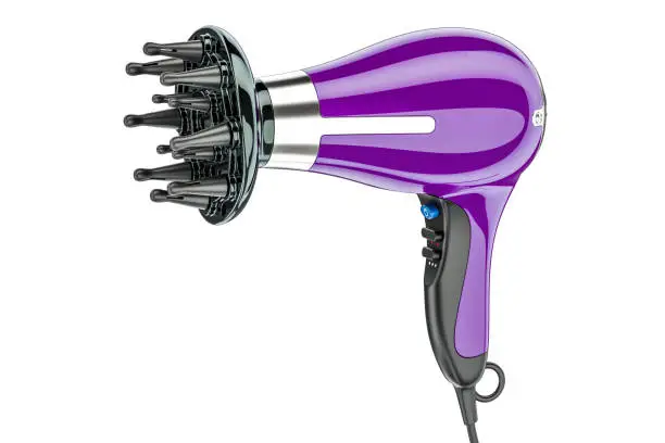 Purple hair dryer with nozzle, 3D rendering isolated on white background