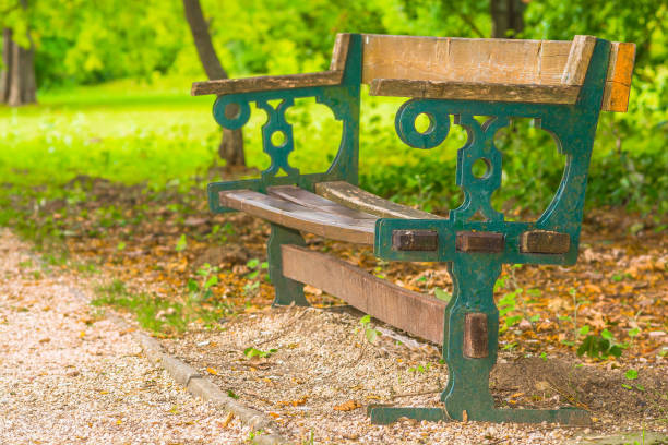 istock Empty old wooden and wrought iron bench in the park 852276402