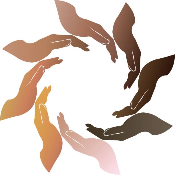 Teamwork multiracial hands around icon vector Multiracial hands team symbol icon vector background template mixed cultures stock illustrations
