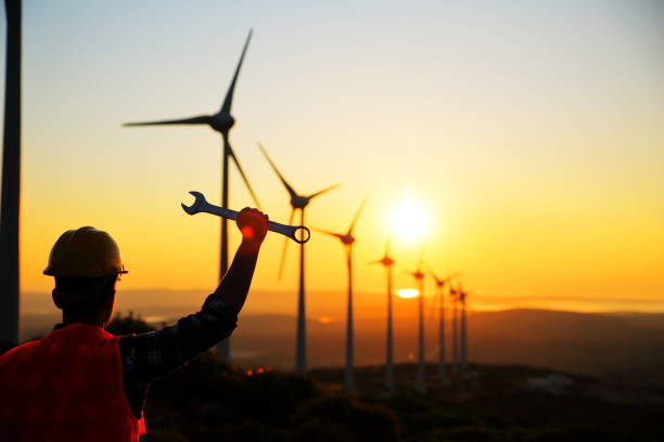 istock Worker looking at a field of wind turbines 852312188