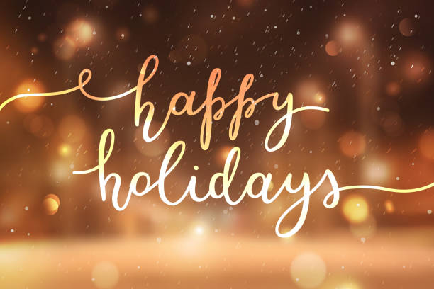 happy holidays lettering happy holidays lettering, vector handwritten text on blurred background of winter street happy holidays stock illustrations