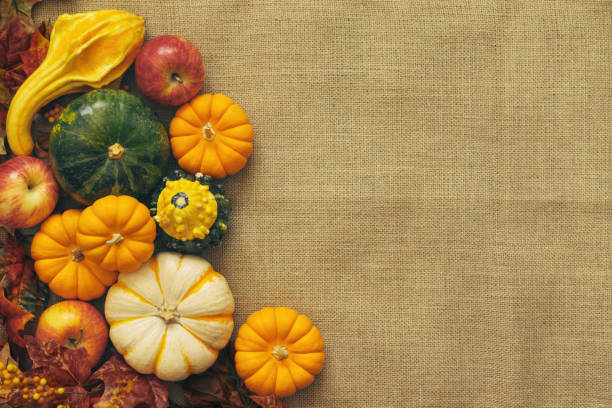 istock Ripe pumpkins, apples and maple leaves on the rustic cloth background 852356046