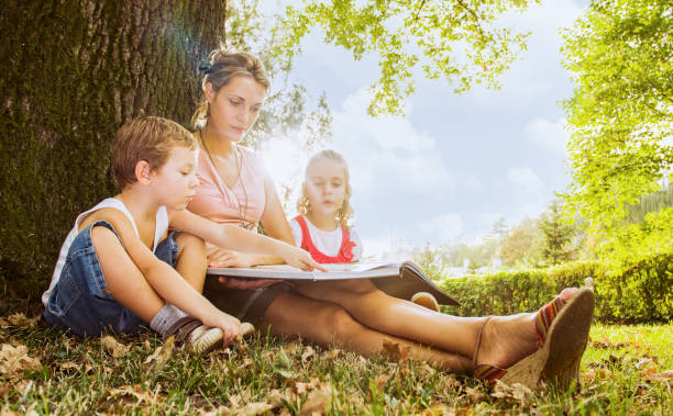 istock Young single mother reading a book with her kids son and daughter 852393670