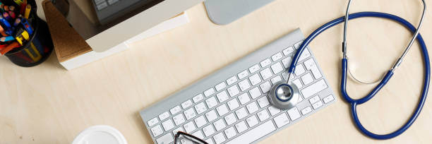 istock Medicine doctor working table view from top 852404086