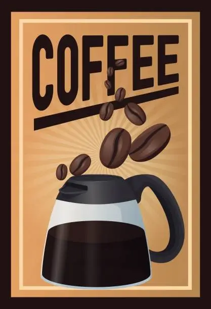 Vector illustration of color poster coffee with linear glow and glass jar of coffee with handle and beans