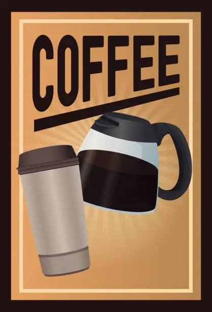 Vector illustration of color poster coffee with linear glow and glass jar of coffee with handle and disposable for hot drinks