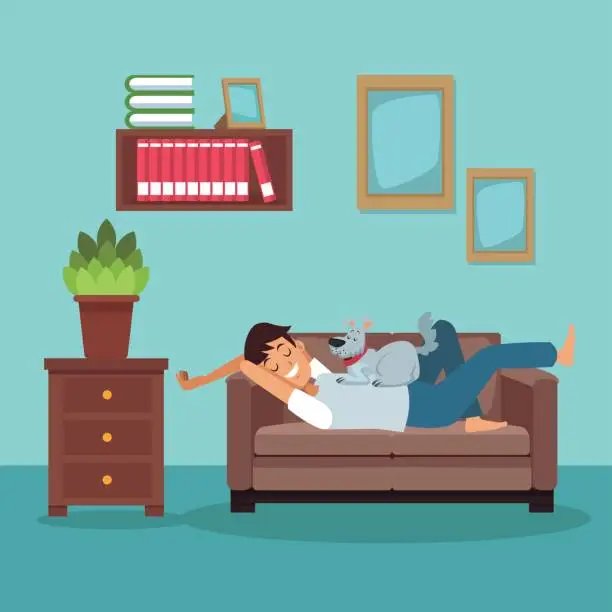 Vector illustration of colorful scene man sleep in sofa with dog pet