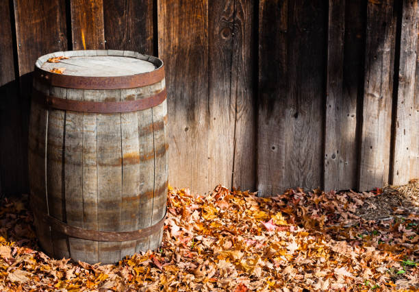 vieux tonneau en bois contre les panneaux muraux en automne. - oak barrel photos et images de collection