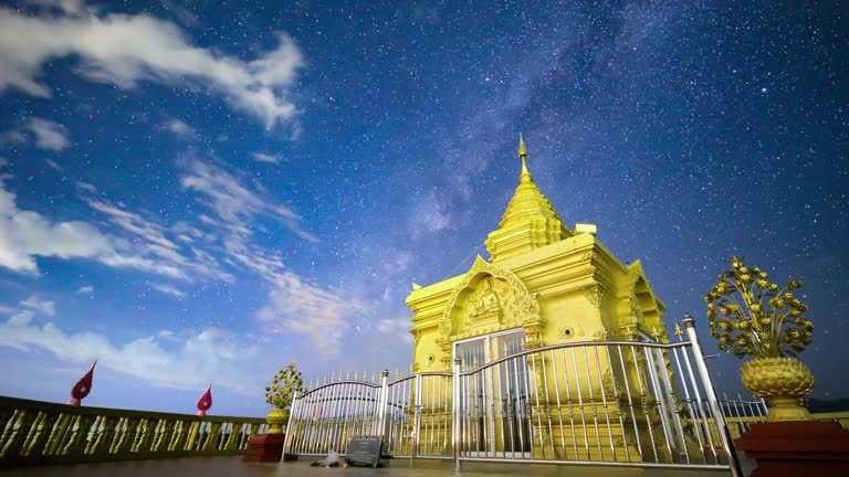 Wat doi sapphanyu Temple at night with milky way  in Chiang mai Thailand