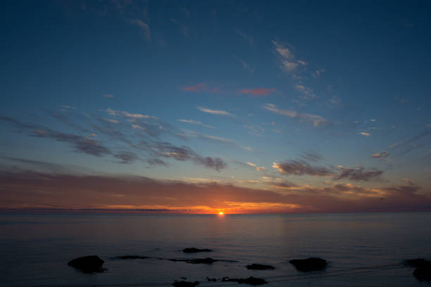 The sun setting in the calm sea horizon