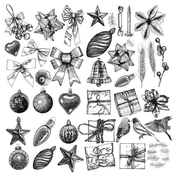 illustrations, cliparts, dessins animés et icônes de ensemble de décoration de noël et du nouvel an. main de vacances dessiné collection elements. or jaune jingle bell, arc rouge, boule, bonbons, bougie, fleur de houx, coffret cadeau, oiseau, branchettes de sapin, branche. vector. - bell christmas holly drawing