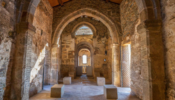 Visigothic Basilica of Santa Lucia del
Trampal. Main nave view Alcuescar, Spain - September 17, 2017: Visigothic Basilica of Santa Lucia del mozarabic stock pictures, royalty-free photos & images