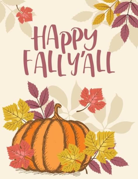 Fall Pumpkin Background with Autumn Leaves, Happy Fall Y'All Text vector art illustration