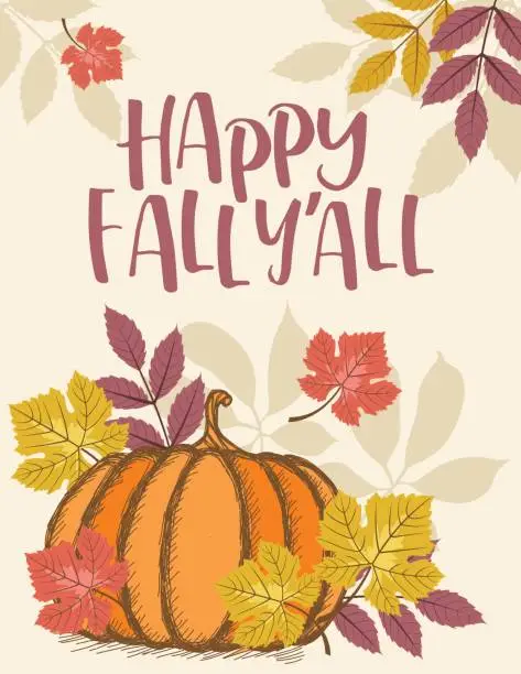 Vector illustration of Fall Pumpkin Background with Autumn Leaves, Happy Fall Y'All Text