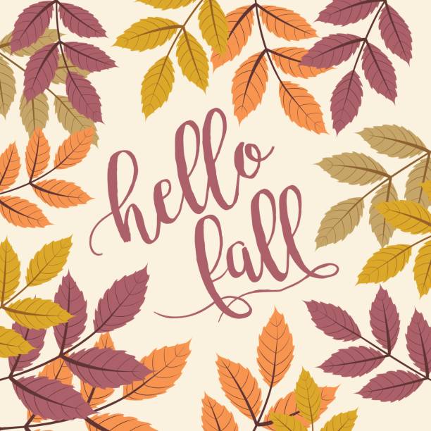 Fall Background with Autumn Walnut Leaves, hello fall Text vector art illustration