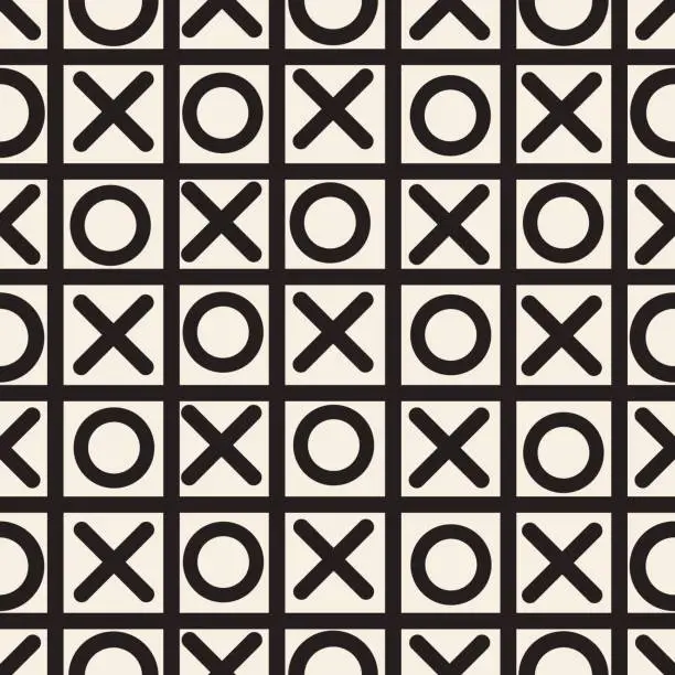 Vector illustration of seamless monochrome tic tac toe xo game on grid line pattern background
