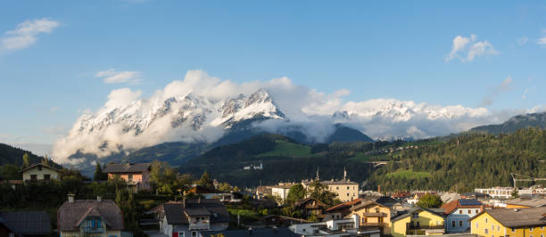 Bischofshofen, Pongau, Salzburger Land, Austria, landscape on the city and the alps. Fresh snow at the begin of Autumn stock photo